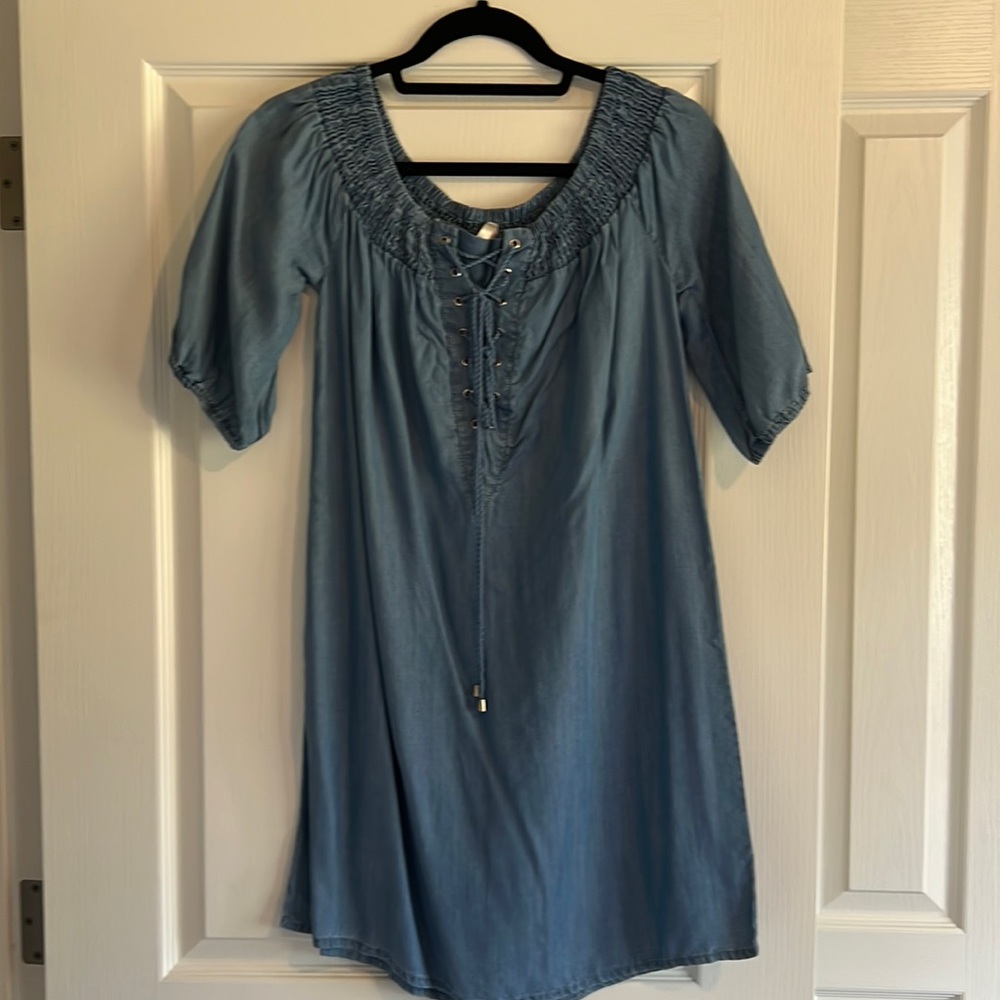 NWOT Blue Denim Mini Dress. Off the shoulder. Size Medium